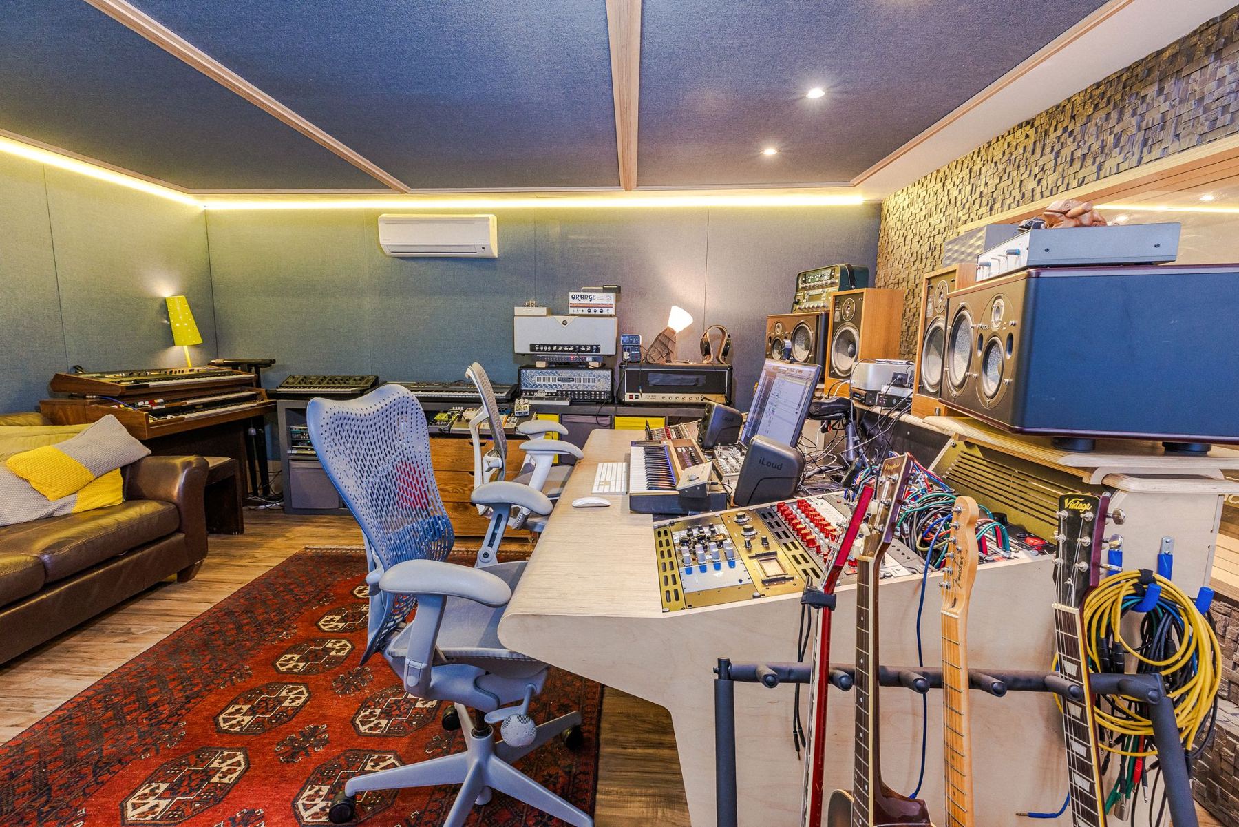 Wide view of the control room at the Hastings studio